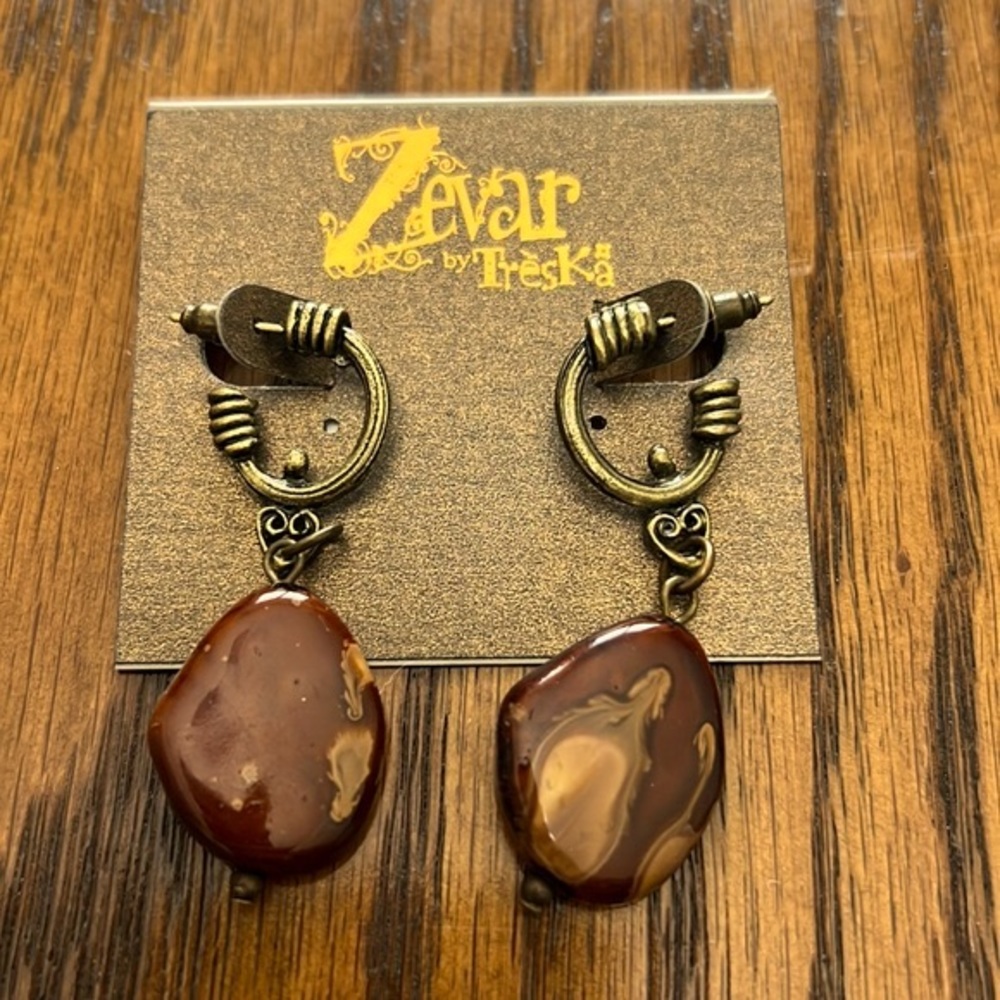 Zevar by Tresha Brown Brown Bead Earrings Dangle Brass Tone